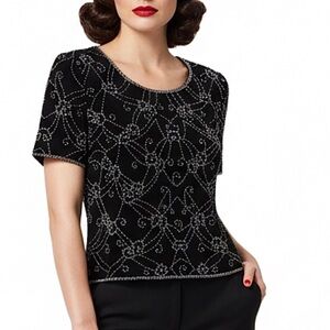 MES AMI Vintage Beaded Black Silver Short Sleeve Formal Evening Party Blouse XL